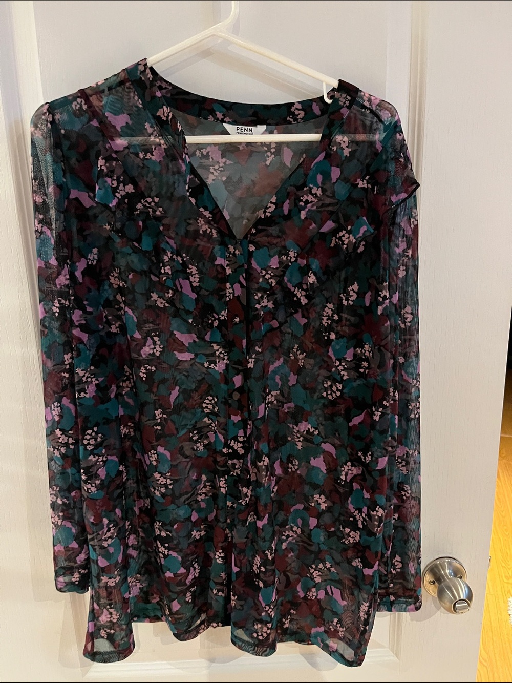 PENN Floral Sheer V-Neck Blouse in Teal & Purple
